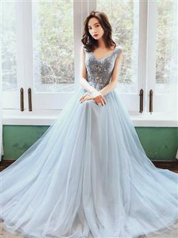 Picture of Light Blue V-neckline Tulle Long Prom Dresses, A-line Tulle Evening Gown with Lace Applique